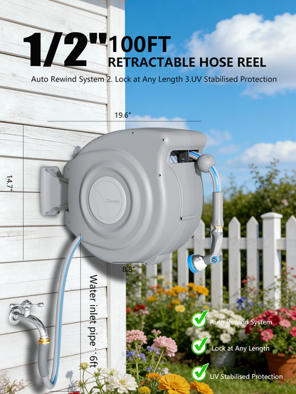Retractable Garden Hose Reel, 1/2 in x 100 ft, Light Gray