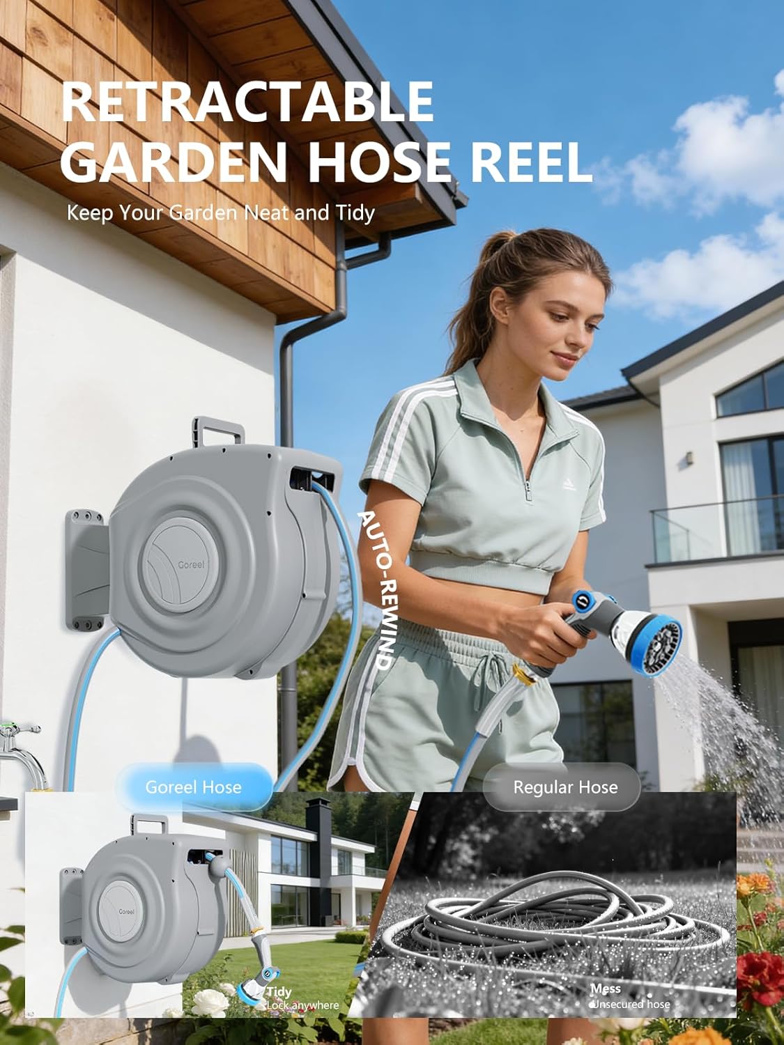Retractable Garden Hose Reel, 1/2 in x 65 ft, Light Gray