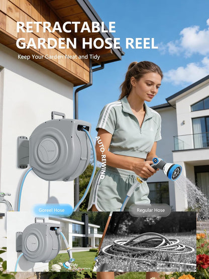 Retractable Garden Hose Reel, 1/2 in x 65 ft, Light Gray