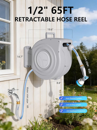 Retractable Garden Hose Reel, 1/2 in x 65 ft, Light Gray