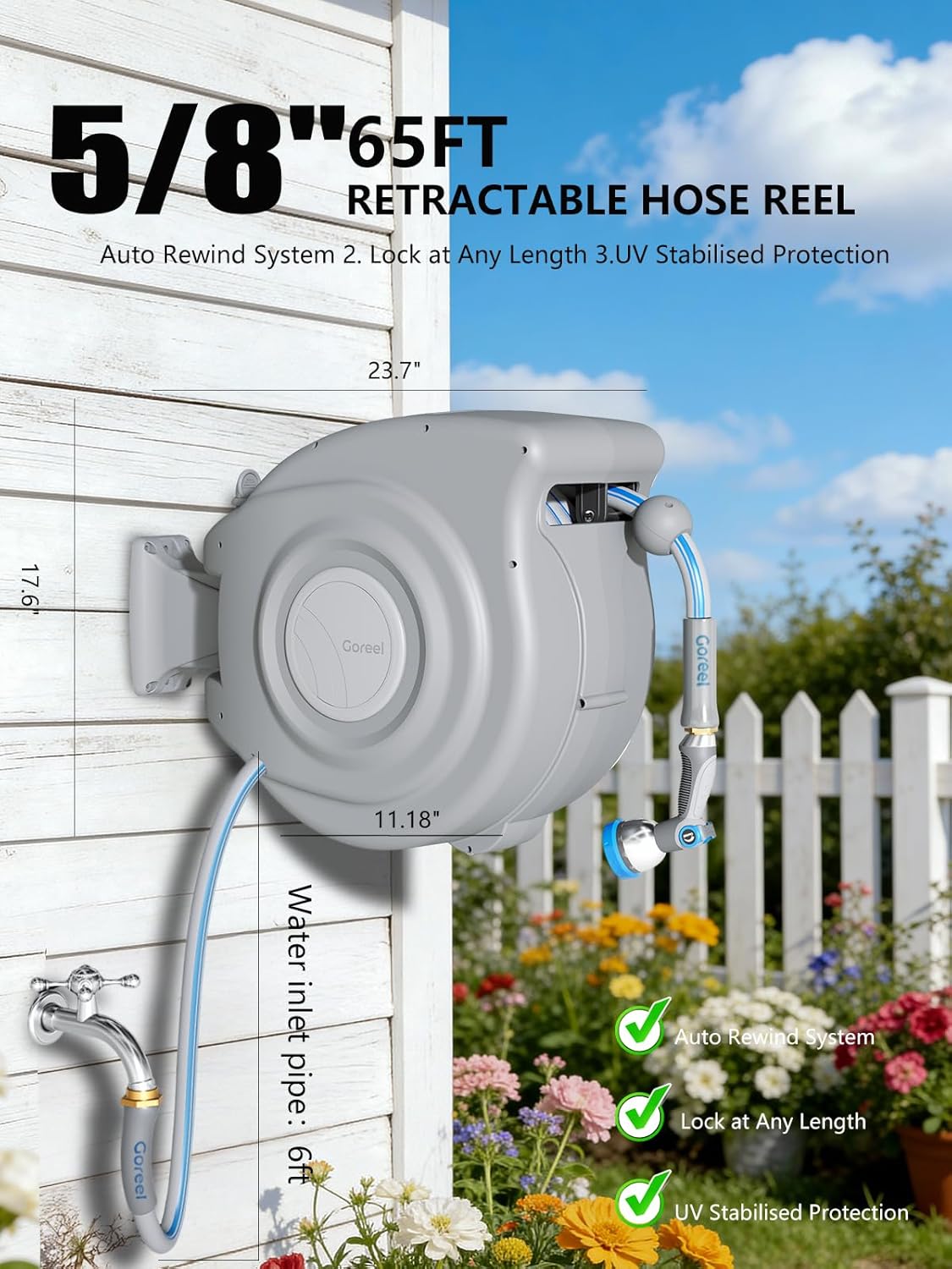 Retractable Garden Hose Reel, 5/8 in x 65 ft, Light Gray
