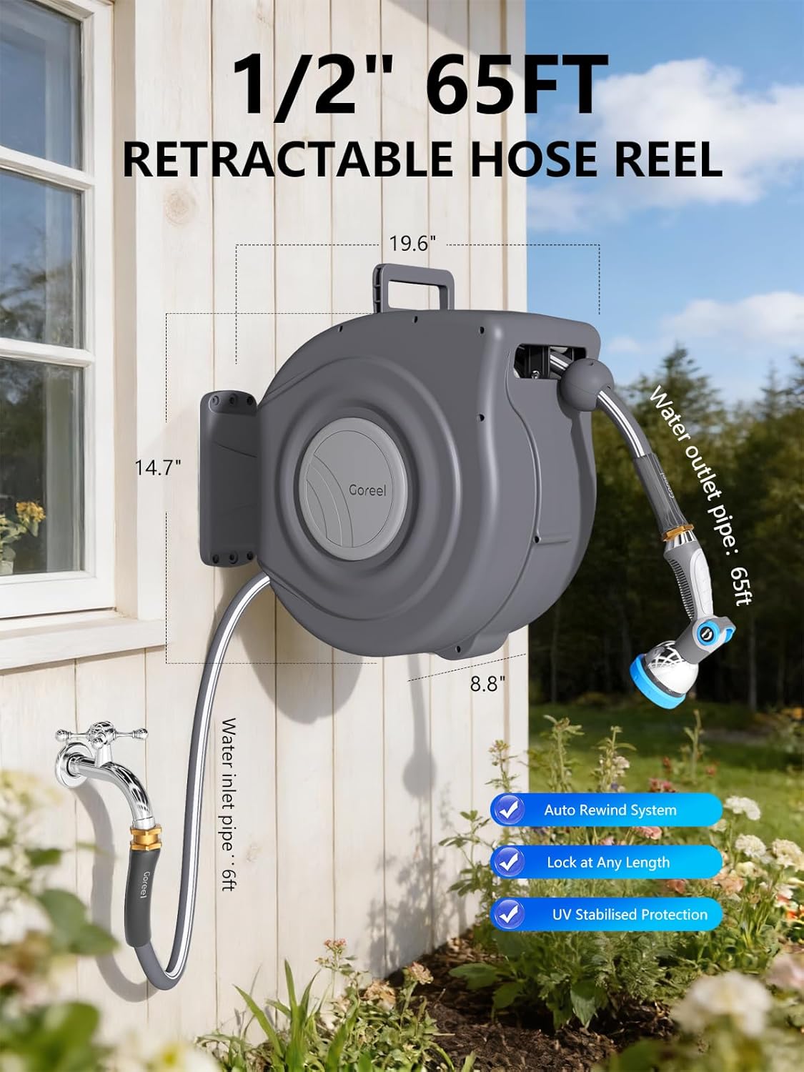 Retractable Garden Hose Reel, 1/2 in x 65 ft, Dark Gray