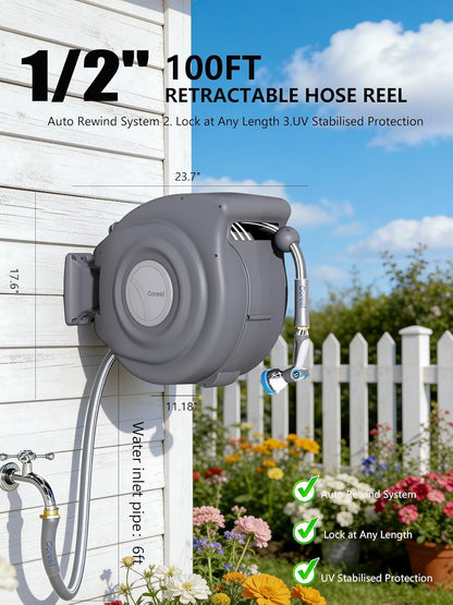 Retractable Garden Hose Reel 1/2 in x 100 ft, Dark Gray
