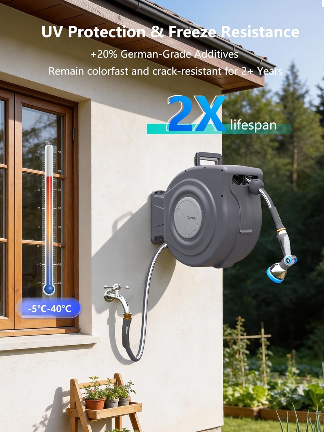 Retractable Garden Hose Reel, 1/2 in x 65 ft, Dark Gray
