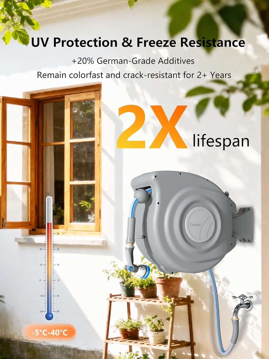 Retractable Garden Hose Reel, 5/8 in x 65 ft, Light Gray