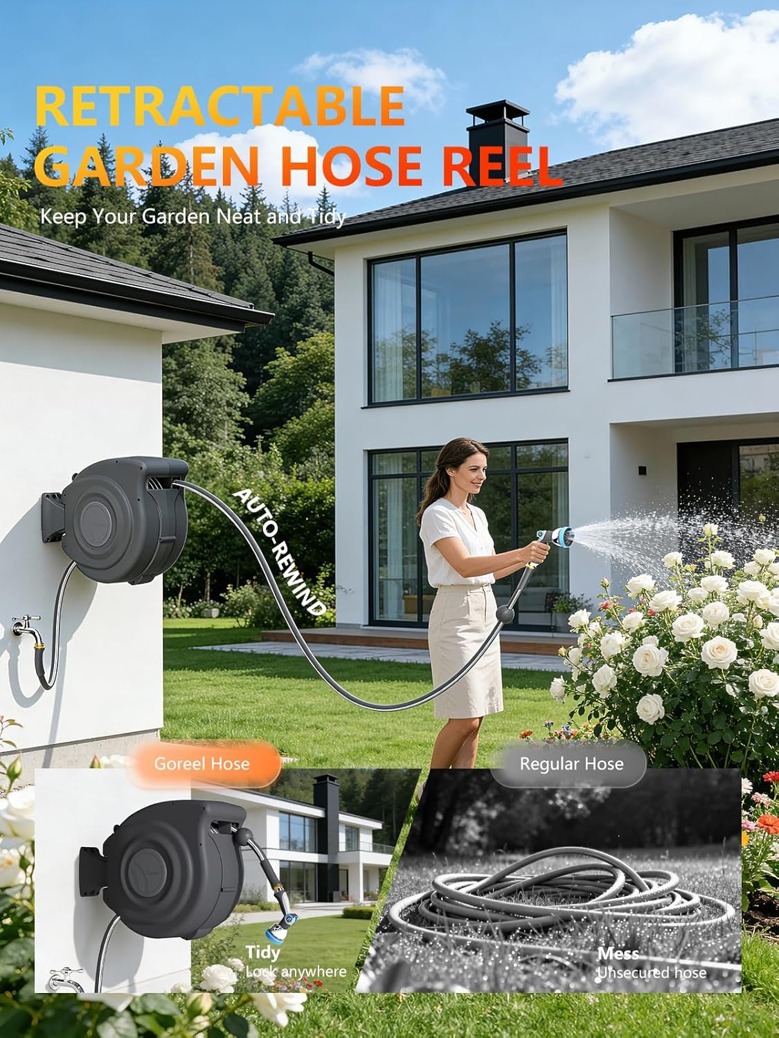 Retractable Garden Hose Reel 1/2 in x 100 ft, Dark Gray