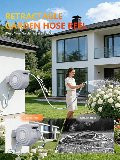 Retractable Garden Hose Reel, 5/8 in x 65 ft, Light Gray